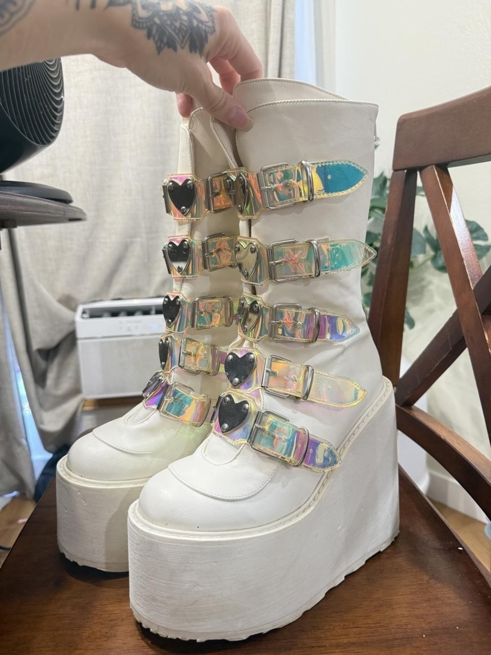Demonia Trinity Lovesick White Platform Buckle Boots with Iridescent Straps